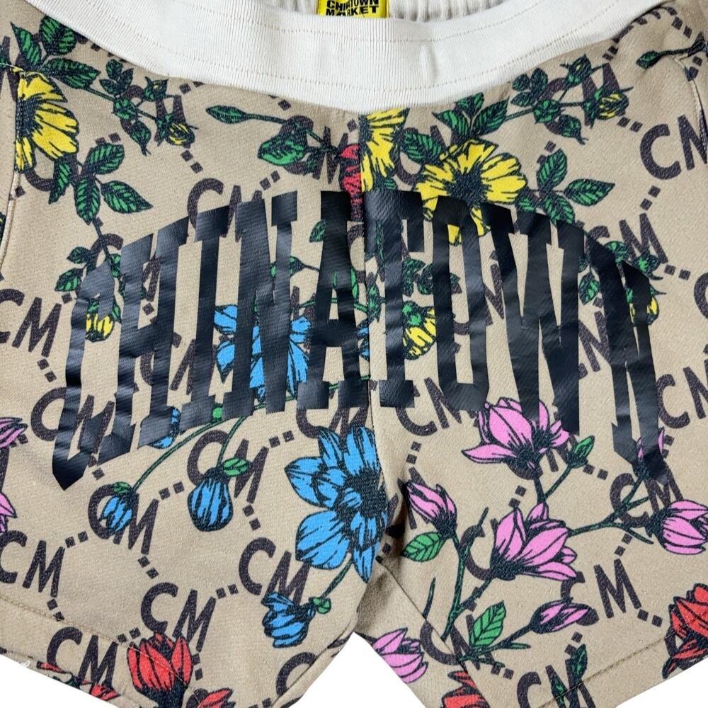 Chinatown Market Fleece Shorts Men Size Large Floral Drawstring Beige nseam 6"